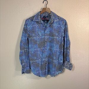 Robert Graham Shirt Mens Medium Button Up Flip Cuff Blue Black Art Long Sleeve